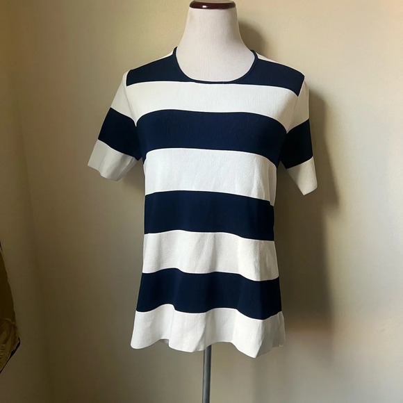Derek Lam Striped Short-Sleeve Knit Top, Soft White/Blue, size Small - Picture 2 of 5